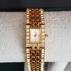 Kenneth Jay Lane KJL Watch Gold Tone Bracelet Double Row Crystal Accents Running